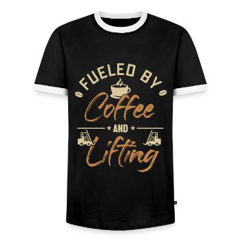 Fueled by Coffee and Lifting All-terrain forklift - Men's Ringer Shirt - black/white - Front - AI Model Female 172 light (172cm) & AI Model Male 178 light (178cm)