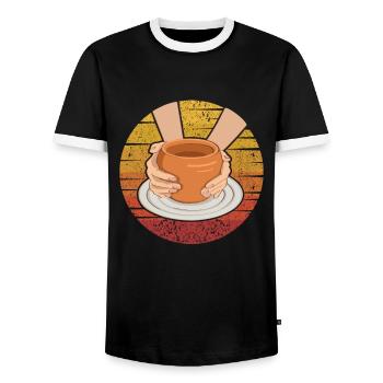 Retro Pottery Pro Wheel Hobby Lover Pottery - Men's Ringer Shirt - black/white - Front - AI Model Female 172 light (172cm) & AI Model Male 178 light (178cm)
