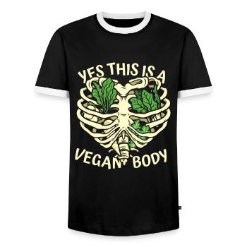 Ja, das ist ein veganer Körper auf pflanzlicher Basis Vegan - Männer Kontrast-T-Shirt - Schwarz/Weiß - Vorne - AI Model Female 172 light (172cm) & AI Model Male 178 light (178cm)
