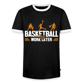 Basketball First Work Later Basketball Hoop - Men's Ringer Shirt - black/white - Front - AI Model Female 172 light (172cm) & AI Model Male 178 light (178cm)
