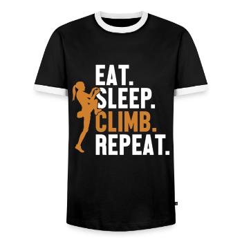 Eat Sleep Climb Repeat Bouldering Speed Climbing - Men's Ringer Shirt - black/white - Front - AI Model Female 172 light (172cm) & AI Model Male 178 light (178cm)