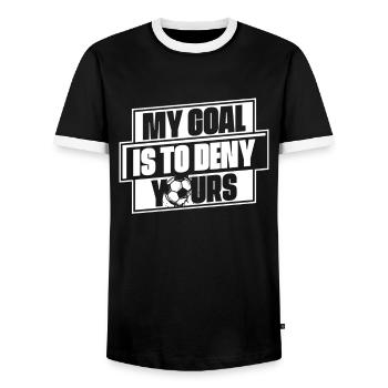 My Goal Is To Deny Yours Fußballspieler - Männer Kontrast-T-Shirt - Schwarz/Weiß - Vorne - AI Model Female 172 light (172cm) & AI Model Male 178 light (178cm)