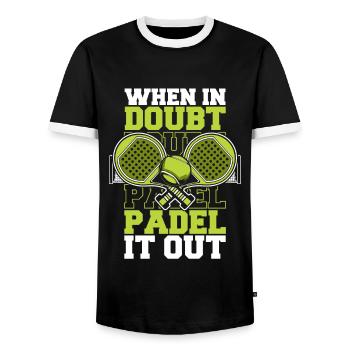 When In Doubt Padel It Out Paddleball Paddle - Men's Ringer Shirt - black/white - Front - AI Model Female 172 light (172cm) & AI Model Male 178 light (178cm)