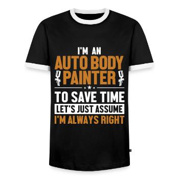 Karosserielackierer: Nehmen wir an, ich habe Recht, Fahrzeug - Männer Kontrast-T-Shirt - Schwarz/Weiß - Vorne - AI Model Female 172 light (172cm) & AI Model Male 178 light (178cm)