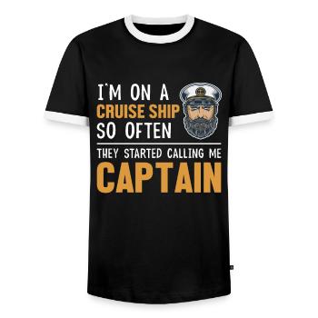 They Started Calling Me Captain Cruise Ship - Men's Ringer Shirt - black/white - Front - AI Model Female 172 light (172cm) & AI Model Male 178 light (178cm)