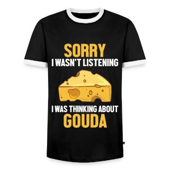 Was Thinking About Gouda Cheesemonger Maker Gouda - Men's Ringer Shirt - black/white - Front - AI Model Female 172 light (172cm) & AI Model Male 178 light (178cm)