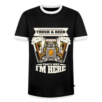 Camions et bière, c’est pourquoi je suis ici Camion camionneur - T-shirt contrasté Homme - noir/blanc - Devant - AI Model Female 172 light (172cm) & AI Model Male 178 light (178cm)