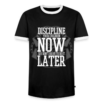 Disciplinez vos enfants maintenant Gardien de prison - T-shirt contrasté Homme - noir/blanc - Devant - AI Model Female 172 light (172cm) & AI Model Male 178 light (178cm)