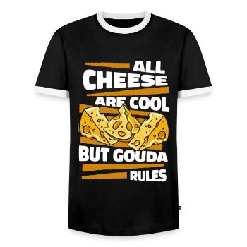All Cheese Are Cool But Gouda Rules Maker Queso - Men's Ringer Shirt - black/white - Front - AI Model Female 172 light (172cm) & AI Model Male 178 light (178cm)