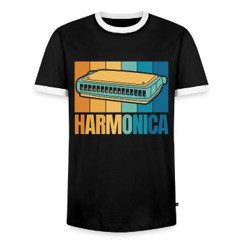 Harmonica rétro Harmoniciste Harpe à bouche Harmoniste - T-shirt contrasté Homme - noir/blanc - Devant - AI Model Female 172 light (172cm) & AI Model Male 178 light (178cm)
