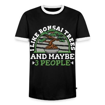 I Like Bonsai Trees And Maybe 3 People Indoor - Men's Ringer Shirt - black/white - Front - AI Model Female 172 light (172cm) & AI Model Male 178 light (178cm)