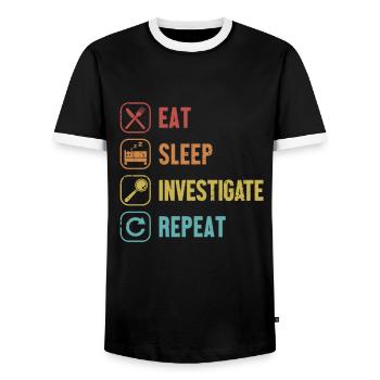 Essen, Schlafen, Untersuchen, Wiederholen, Wissenschaft, Forensik - Männer Kontrast-T-Shirt - Schwarz/Weiß - Vorne - AI Model Female 172 light (172cm) & AI Model Male 178 light (178cm)
