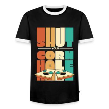 Fermez votre cornhole Plateaux de jeu Sac de haricots Cornhole - T-shirt contrasté Homme - noir/blanc - Devant - AI Model Female 172 light (172cm) & AI Model Male 178 light (178cm)