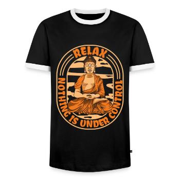 Relax Nothing Is Under Control Buddhist Statue - Men's Ringer Shirt - black/white - Front - AI Model Female 172 light (172cm) & AI Model Male 178 light (178cm)