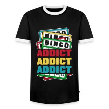 Bingo Addict Caller Daubers Professional Bingo - Men's Ringer Shirt - black/white - Front - AI Model Female 172 light (172cm) & AI Model Male 178 light (178cm)