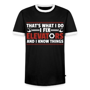 I Fix Elevators And I Know Things Repair Elevator - Men's Ringer Shirt - black/white - Front - AI Model Female 172 light (172cm) & AI Model Male 178 light (178cm)