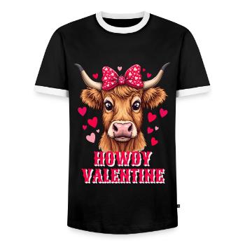 Valentine's Day Love Scottish Highland Cattle Moo - Men's Ringer Shirt - black/white - Front - AI Model Female 172 light (172cm) & AI Model Male 178 light (178cm)