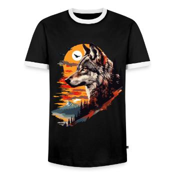 Wolf Wolf's Head Forest Nature Mountains Wilderness Sun - Men's Ringer Shirt - black/white - Front - AI Model Female 172 light (172cm) & AI Model Male 178 light (178cm)