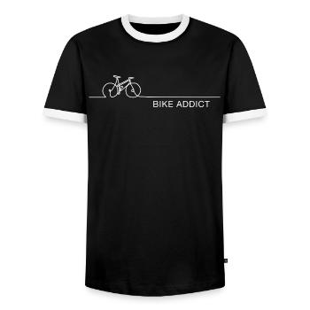 Bike Addict – Minimalist Bike Saying - Men's Ringer Shirt - black/white - Front - AI Model Female 172 light (172cm) & AI Model Male 178 light (178cm)