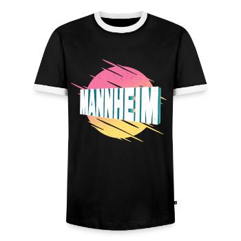Mannheim Germany City Font Vintage Retro - Men's Ringer Shirt - black/white - Front - AI Model Female 172 light (172cm) & AI Model Male 178 light (178cm)