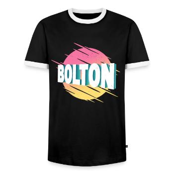 Bolton England United Kingdom UK City Font - Men's Ringer Shirt - black/white - Front - AI Model Female 172 light (172cm) & AI Model Male 178 light (178cm)