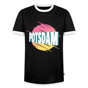 Potsdam Germany City Font Vintage Retro - Men's Ringer Shirt - black/white - Front - AI Model Female 172 light (172cm) & AI Model Male 178 light (178cm)