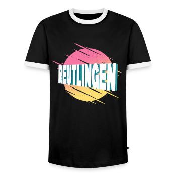 Reutlingen Germany City Font Vintage Retro - Men's Ringer Shirt - black/white - Front - AI Model Female 172 light (172cm) & AI Model Male 178 light (178cm)