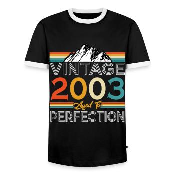 Born 2003 20 years birthday - Men's Ringer Shirt - black/white - Front - AI Model Female 172 light (172cm) & AI Model Male 178 light (178cm)