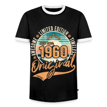 Vintage 1960 64th Birthday Original 1960 - Men's Ringer Shirt - black/white - Front - AI Model Female 172 light (172cm) & AI Model Male 178 light (178cm)
