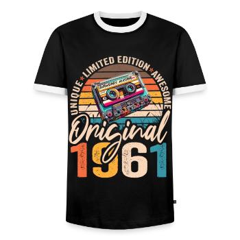 Jahrgang 1961 63.Geburtstag Kassette Tape 1961 - Männer Kontrast-T-Shirt - Schwarz/Weiß - Vorne - AI Model Female 172 light (172cm) & AI Model Male 178 light (178cm)