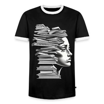 Book Women Face Art Drawing Graphic Motif B - Men's Ringer Shirt - black/white - Front - AI Model Female 172 light (172cm) & AI Model Male 178 light (178cm)