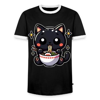 Black Cat Eats Ramen Noodle Soup Stars - Men's Ringer Shirt - black/white - Front - AI Model Female 172 light (172cm) & AI Model Male 178 light (178cm)