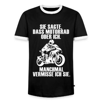 Motorrad oder Ich. Manchmal vermisse ich sie - Männer Kontrast-T-Shirt - Schwarz/Weiß - Vorne - AI Model Female 172 light (172cm) & AI Model Male 178 light (178cm)