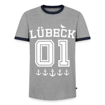 Lübeck Dictons Ville hanséatique de Luebeck - T-shirt contrasté Homme - gris/marine  - Devant - AI Model Female 172 light (172cm) & AI Model Male 178 light (178cm)