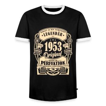 Cadeau du 70e anniversaire Mythe Légende Original - T-shirt contrasté Homme - noir/blanc - Devant - AI Model Female 172 light (172cm) & AI Model Male 178 light (178cm)