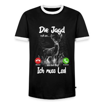 Die Jagd ruft an... aus dem Weg, ich muss los! - Männer Kontrast-T-Shirt - Schwarz/Weiß - Vorne - AI Model Female 172 light (172cm) & AI Model Male 178 light (178cm)