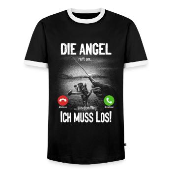 Die Angel ruft an... aus dem Weg, ich muss los! - Männer Kontrast-T-Shirt - Schwarz/Weiß - Vorne - AI Model Female 172 light (172cm) & AI Model Male 178 light (178cm)