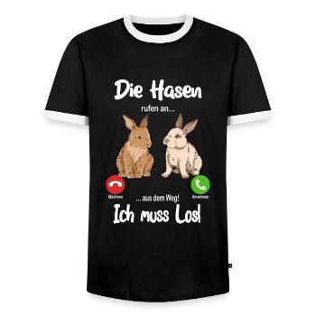 Die Hasen rufen an... aus dem Weg, ich muss los! - Männer Kontrast-T-Shirt - Schwarz/Weiß - Vorne - AI Model Female 172 light (172cm) & AI Model Male 178 light (178cm)