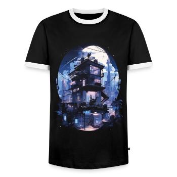 Cyberpunk Manga Kyoto Glitch - Men's Ringer Shirt - black/white - Front - AI Model Female 172 light (172cm) & AI Model Male 178 light (178cm)