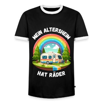 Pension Retirement Camping Caravan Rainbow Pensioner - Men's Ringer Shirt - black/white - Front - AI Model Female 172 light (172cm) & AI Model Male 178 light (178cm)