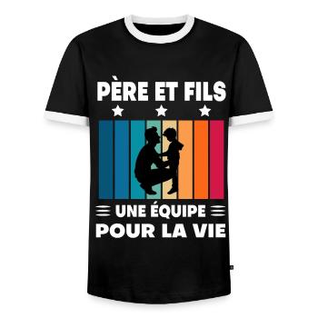 Father and Son Man Vintage Father's Day - Men's Ringer Shirt - black/white - Front - AI Model Female 172 light (172cm) & AI Model Male 178 light (178cm)