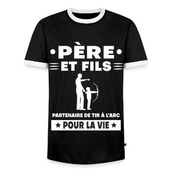 Father and Son Archery Duo Man Dad Archer - Men's Ringer Shirt - black/white - Front - AI Model Female 172 light (172cm) & AI Model Male 178 light (178cm)