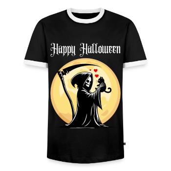 Happy Halloween Grim Reaper Cat Cute Full Moon - Men's Ringer Shirt - black/white - Front - AI Model Female 172 light (172cm) & AI Model Male 178 light (178cm)