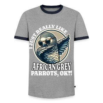 I Love African Grey Parrot Saying - Men's Ringer Shirt - grey/navy  - Front - AI Model Female 172 light (172cm) & AI Model Male 178 light (178cm)