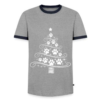 Christmas Tree Paw Paw Print Dog Cat Wau - Men's Ringer Shirt - grey/navy  - Front - AI Model Female 172 light (172cm) & AI Model Male 178 light (178cm)