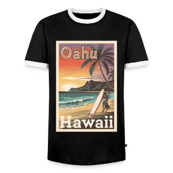 Oahu Hawaii Retro Poster Vintage Souvenir - Men's Ringer Shirt - black/white - Front - AI Model Female 172 light (172cm) & AI Model Male 178 light (178cm)