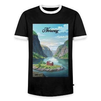 Norway Fjord Retro Poster Souvenir - Men's Ringer Shirt - black/white - Front - AI Model Female 172 light (172cm) & AI Model Male 178 light (178cm)