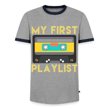 80s 90s Cassette Tape - Men's Ringer Shirt - grey/navy  - Front - AI Model Female 172 light (172cm) & AI Model Male 178 light (178cm)