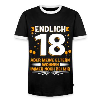 Endlich 18 aber meine Eltern wohnen immer noch ... - Männer Kontrast-T-Shirt - Schwarz/Weiß - Vorne - AI Model Female 172 light (172cm) & AI Model Male 178 light (178cm)