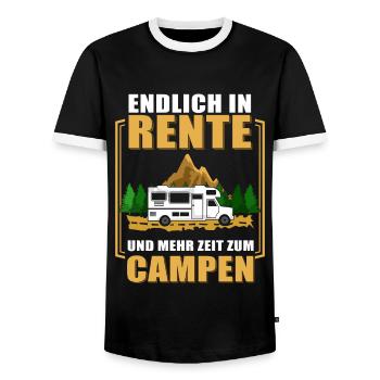 Endlich in Rente u. mehr Zeit zum Campen Wohnmobil - Männer Kontrast-T-Shirt - Schwarz/Weiß - Vorne - AI Model Female 172 light (172cm) & AI Model Male 178 light (178cm)